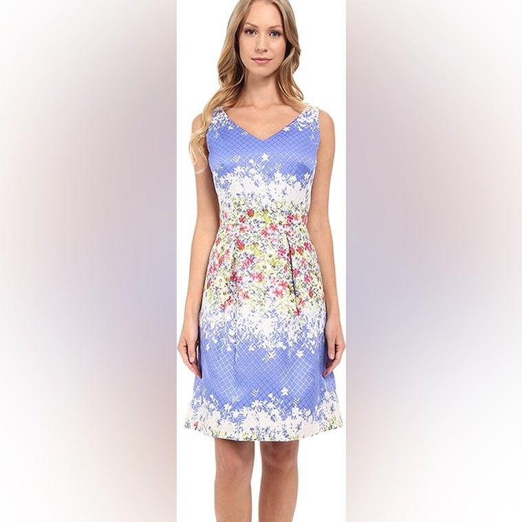 Tahari V-Neck Sleeveless Fit-And-Flare Floral Print Dress 14